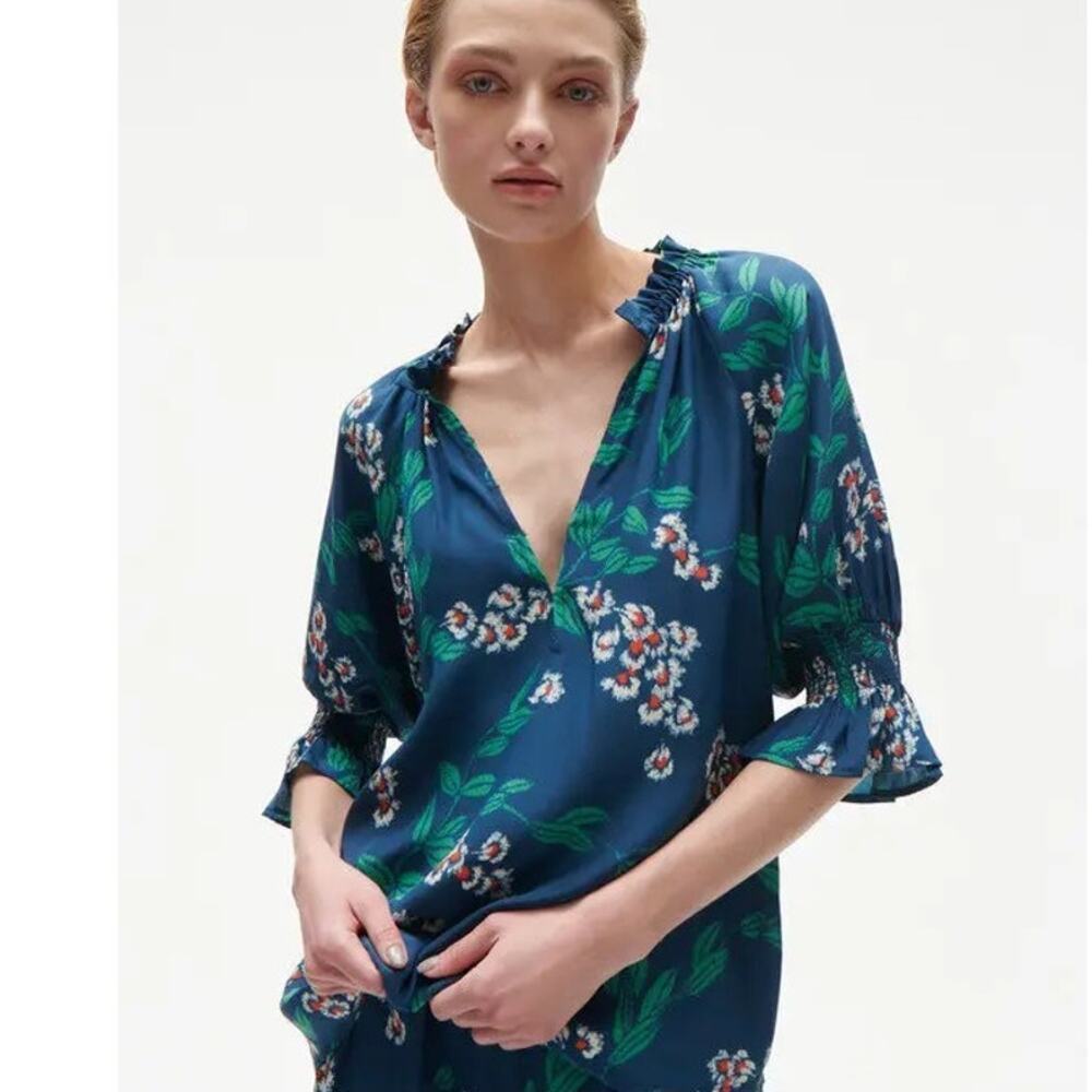 Figue Halima Silk Floral 3/4 Sleeve V-Neck Blouse Top Navy Blue Women's Small